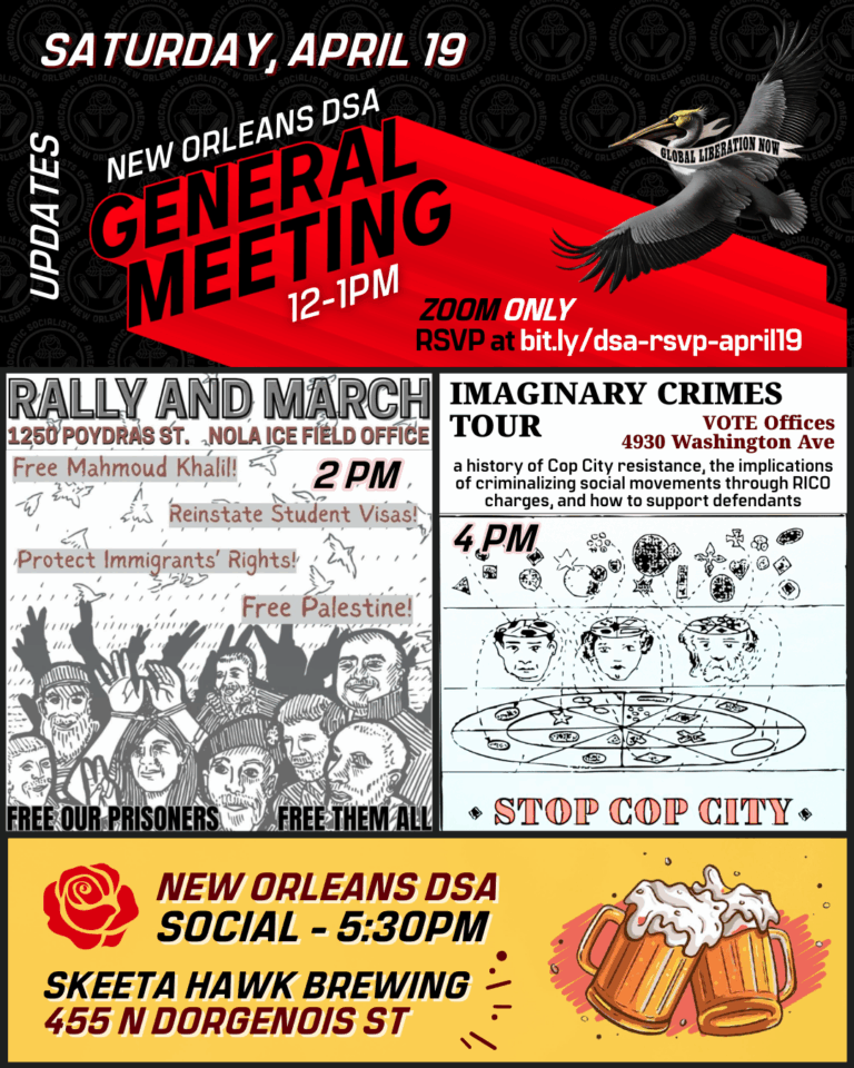 SATURDAY: Short General Meeting & Evening DSA Social! Plus an Anti-ICE Rally/March & Stop Cop City Panel!