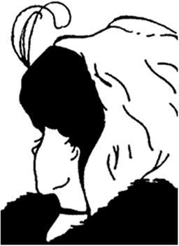 A black and white drawing. Some people see only a fancy woman with a turned head, feather in her coiffed hair, fur coat, and a necklace. Some only see a bundled babushka with a large nose and chin. Some see both.